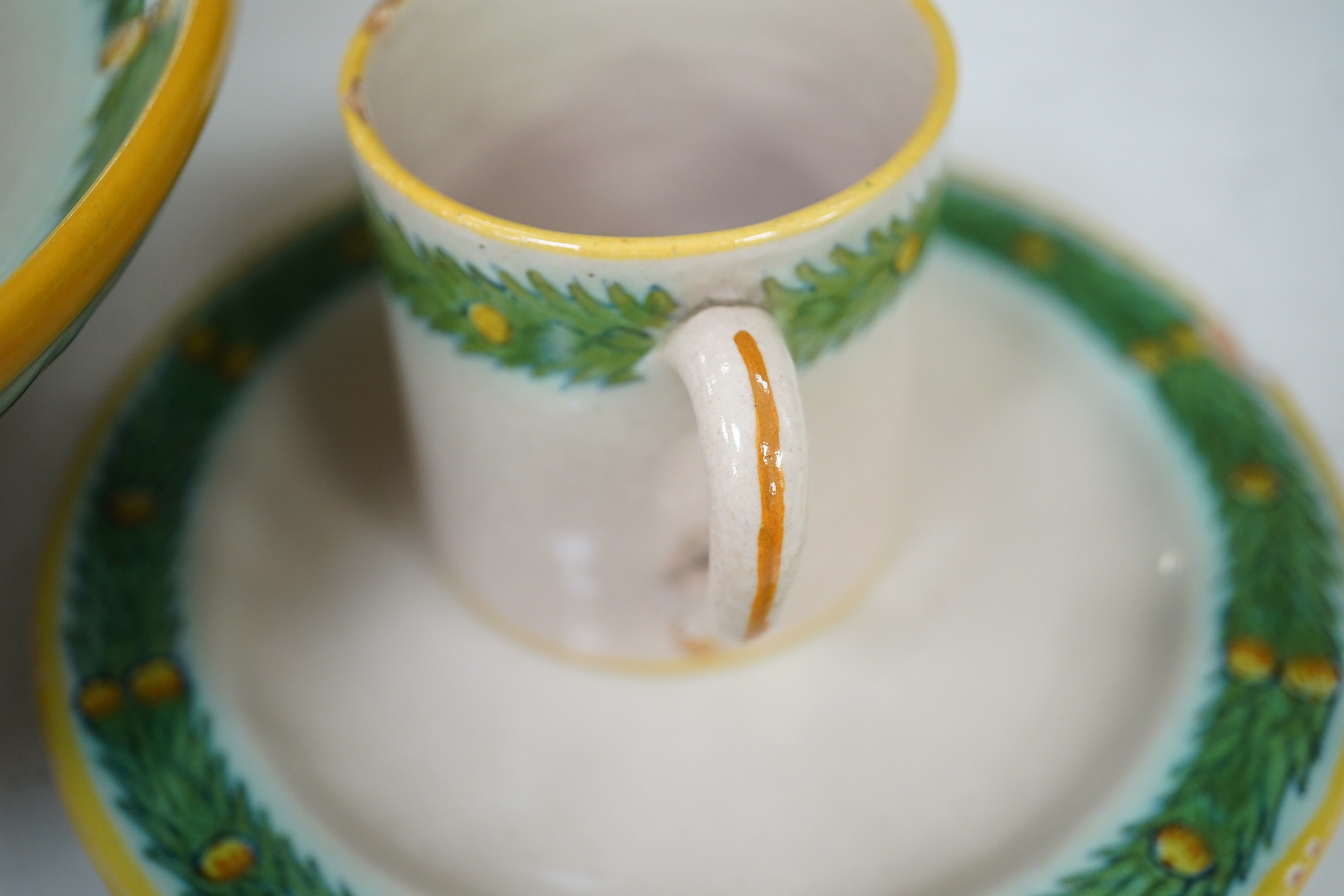 A Cantagalli part breakfast set, comport 20cm diameter. Condition - two cups chipped and cracked. Some small manufacturing faults in the glaze on some plates and minor chip to base comport.